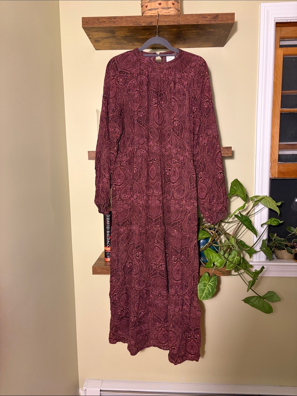 Women's Long Sleeve Burgundy Paisley Maxi Dress